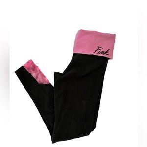 Pink yoga pants size small in black with pink gold top and mesh at ankle